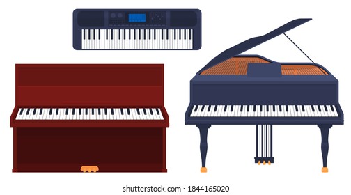 Set of keyboard musical instruments, piano, grand piano, synthesizer isolated on a white background. Vector illustration