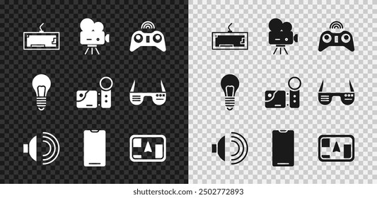 Set Keyboard, Retro cinema camera, Wireless gamepad, Speaker volume, Smartphone, mobile phone, Gps device with map, Light bulb concept of idea and Cinema icon. Vector