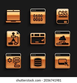 Set Keyboard, Server, Data, Web Hosting, Browser files, Cloud technology data transfer, setting, Flowchart, Books about programming and Laptop icon. Vector