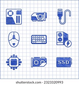 Set Keyboard, Video graphic card, SSD, Case of computer, Processor with CPU, Computer mouse, USB cable cord and Motherboard digital chip icon. Vector