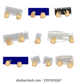 Set of keyboards of different types and user hands isolated on white background