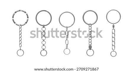 A set of keychain hardware, metal rings with chains, chrome-plated silver, various shapes. Accessories connector. Storage for keys, tags, and pendants. Realistic vector. Isolated background. Icons.