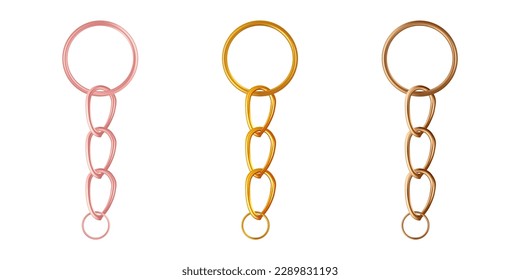 A set of keychains copper, gold or brass, pink gold, bronze. Chains made of metal or alloy. Metal key holders isolated on white background.