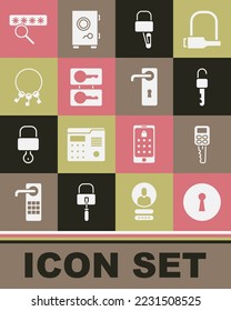 Set Keyhole, Car key with remote, Unlocked, Lock picks for picking, Casting keys, Bunch of, Password protection and Door handle icon. Vector