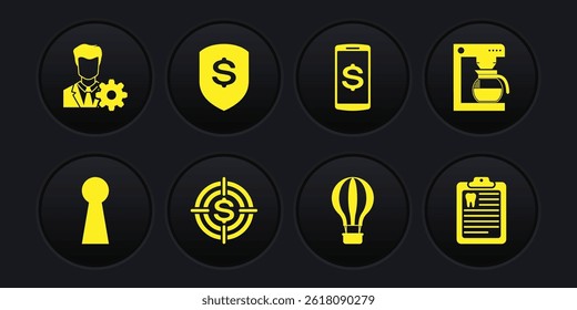 Set Keyhole, Coffee machine with pot, Target dollar, Hot air balloon, Smartphone and Shield and icon. Vector
