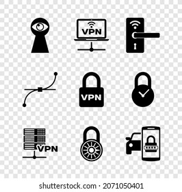 Set Keyhole with eye, VPN Computer network, Digital door lock wireless, Server, Safe combination wheel and Smart car security system icon. Vector