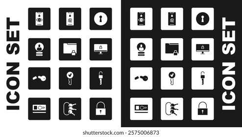 Set Keyhole, Folder and lock, Create account screen, Eye scan, Lock on computer monitor, Mobile with fingerprint, Unlocked key and Broken icon. Vector