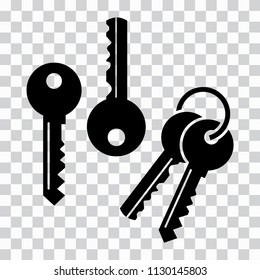 Set of keys, black silhouettes on transparent background. Vector illustration