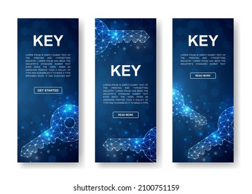 Juego de banners verticales azules de Keys. Símbolos de barra baja para la plantilla de banners publicitarios verticales. Concepto de seguridad, secreto, ilustración de diseño privado.