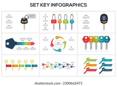 Set Keys concept for infographics with 3, 4, 5, 6, 8 steps, options, parts or processes. Business data visualization.