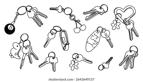 Set of keys with different keychains.