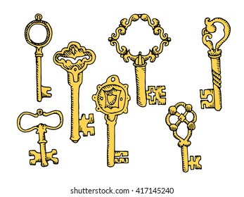 Set of keys. Hand drawn vector stock illustration. Colorful isolated on white background