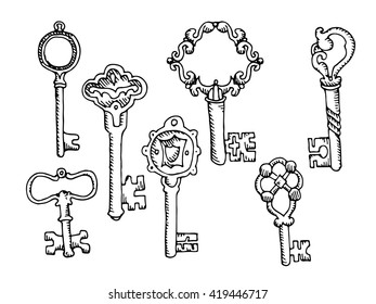 Set of keys. Hand drawn vector stock illustration