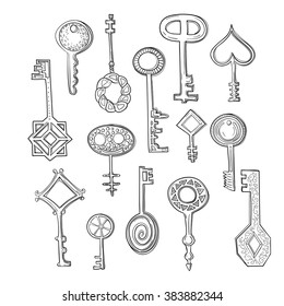 Set of keys hand-drawn in black and white tones.