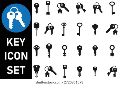 Conjunto de teclas icono de colección. Siluetas de llave modernas y antiguas. Conjunto de iconos de símbolo clave.  Llaves y cerraduras. Coche, puerta, casa, cerradura, armario y más conjunto de iconos de Vector de llave. Ilustración vectorial.