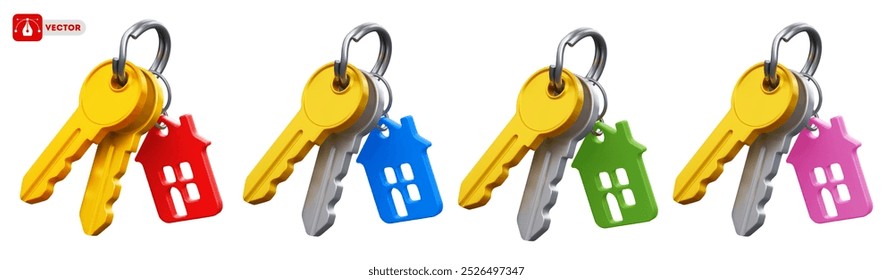 Set of keys with keychain in the form of house. Real estate concept, buy, sell, protection, security, turnkey repair, property insurance. Isolated on white background. Vector 3d realistic illustration