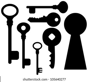 set of keys  and keyhole.  Collection of Key Silhouettes