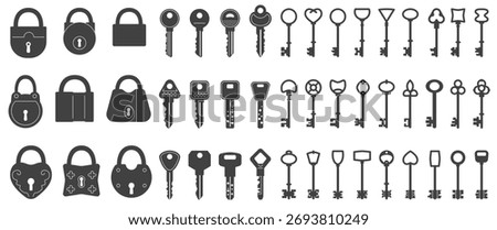 Set of keys and locks icons. Dark silhouettes of modern and old antique keys and locks from doors, cars and rooms. Open and access. Flat vector illustration collection isolated on background