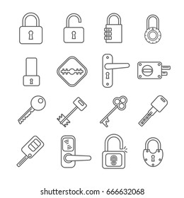 Set of keys and locks Related Vector Line Icons. Contains such icon as heck, door lock, door latch, locking device, code