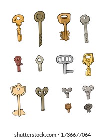 A set of keys made of non-ferrous metal of various sizes and fancy shapes, drawn in vector form on a white background