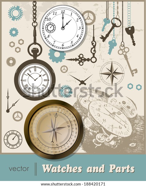set of\
keys, the old compass, clock, and their\
details