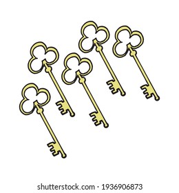 set of keys on white background. five gold keys. antique and vintage. hand drawn vector. door house lock. doodle art for logo, label, sticker, clipart, poster, cover, advertising, banner, flyer. 