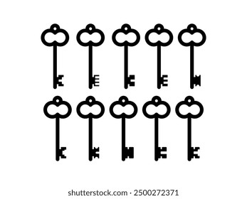 set of keys silhouettes Isolated on white. Vintage Keys Set Vector Isolated.