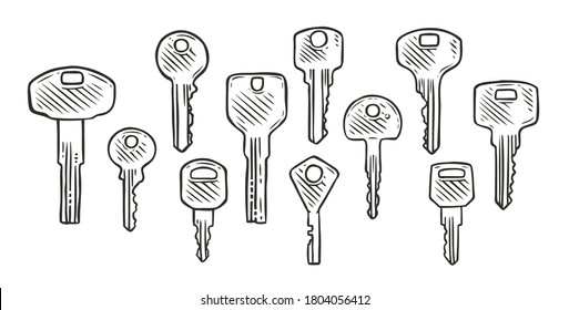 Set of keys sketch. Hand drawn vector illustration