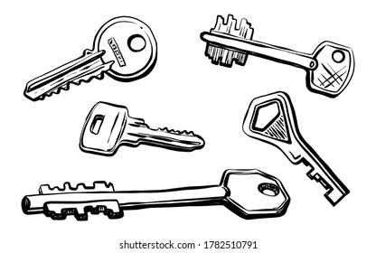 Set of keys, sketch, hand-drawing. Doodle, icon. Vector illustration isolated on white background.