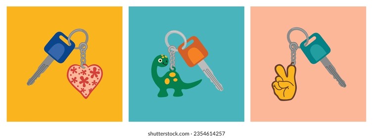 Set of keys with various key chains. Accessories, pendants on chains with rings. Hand drawn vector illustration isolated on colored background. Modern flat cartoon style.