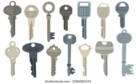 Set of keys in various shapes and sizes for unlocking doors,  for security and home-themed designs.House, apartment or room locking accessories.