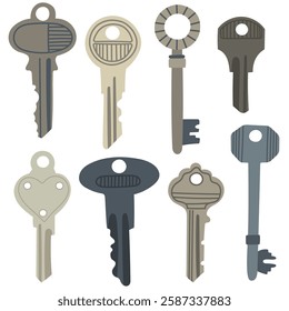 Set of keys in various shapes and sizes for unlocking doors,  for security and home-themed designs.House, apartment or room locking accessories.