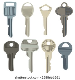 Set of keys in various shapes and sizes for unlocking doors,  for security and home-themed designs.House, apartment or room locking accessories.