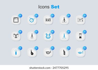 Set Keytar, Guitar, Drum with drum sticks, Microphone, Trumpet, African djembe, amplifier and Ancient Greek lyre icon. Vector