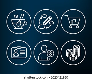 Set of Keywords, Security and Tea cup icons. Id card, Internet shopping and Coins signs. Marketing strategy, Person protection, Coffee with spoon. Human document, Cart with purchases, Cash money
