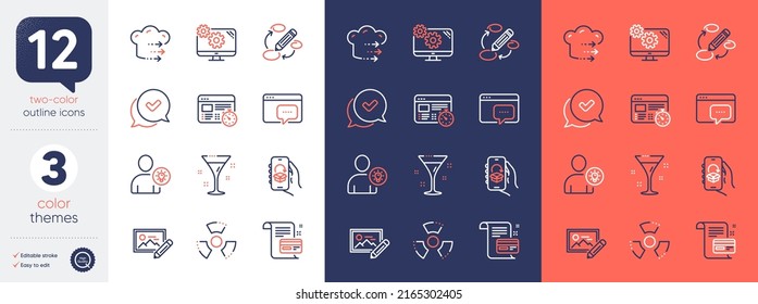 Set of Keywords, Settings and Photo edit line icons. Include Food delivery, Cocktail, User idea icons. Delivery app, Payment card, Approved web elements. Chemical hazard, Web timer. Vector