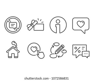 Set of Keywords, Stop talking and Like button icons. Love message, Opened gift and Discounts signs. Marketing strategy, Do not talk, Press love. Dating service, Present box, Best offer. Vector