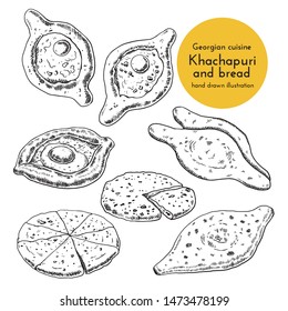 Set of Khachapuri illustration. sketch of traditional georgian cuisine for menu design. hand drawn illustration of khachapuri, tortillas