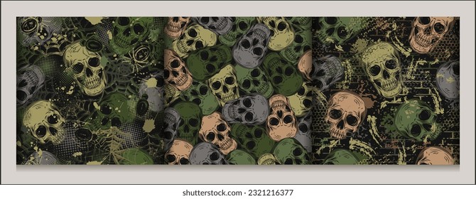 Conjunto de patrones de camuflaje caqui con calaveras humanas, pared de ladrillos, pinceladas abstractas, telaraña. Estilo poco común de las ilustraciones. Bien por prendas de vestir, ropa, tela, textiles, artículos deportivos.
