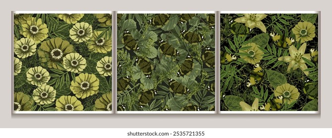 Set of khaki green camouflage seamless patterns with lush foliage, leaves, butterfly. Wild nature. For apparel, fabric, textile, sport goods design.