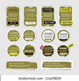 A set of khaki vector grungy paper stickers, labels, tags and banners with hand painted / cracked paint worn out backgrounds