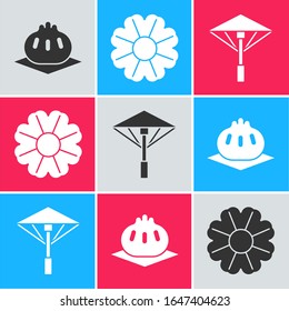 Set Khinkali on cutting board, Flower and Japanese umbrella from the sun icon. Vector