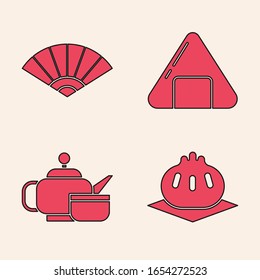 Set Khinkali on cutting board, Paper chinese or japanese folding fan, Sushi and Japanese tea ceremony icon. Vector
