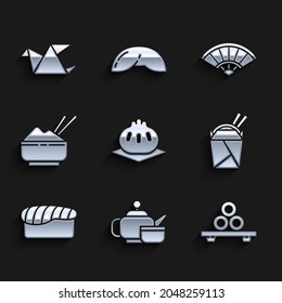 Set Khinkali on cutting board, Japanese tea ceremony, Sushi, Asian noodles paper box and chopsticks, Rice bowl with, Paper chinese or japanese folding fan and Origami bird icon. Vector