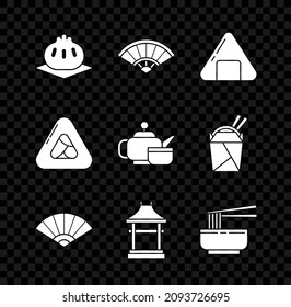 Set Khinkali on cutting board, Paper chinese or japanese folding fan, Sushi, Japan Gate, Asian noodles bowl and chopsticks,  and Japanese tea ceremony icon. Vector