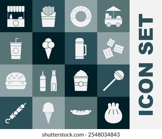 Set Khinkali on cutting board, Lollipop, Cracker biscuit, Donut, Ice cream waffle cone, Paper glass with straw, Street stall awning and Thermos container icon. Vector