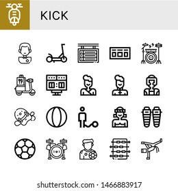 Set of kick icons such as Scooter, Soccer player, Scoreboard, Drum kit, Judo, Wushu, Taekwondo, Pool kickboard, Ball, Muay thai, Shin, Soccer ball, Drum set, Footballer , kick