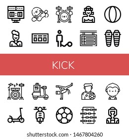 Set of kick icons such as Scoreboard, Judo, Pool kickboard, Drum set, Ball, Muay thai, Shin, Drum kit, Scooter, Capoeira, Soccer ball, Footballer, Foosball, Soccer player , kick