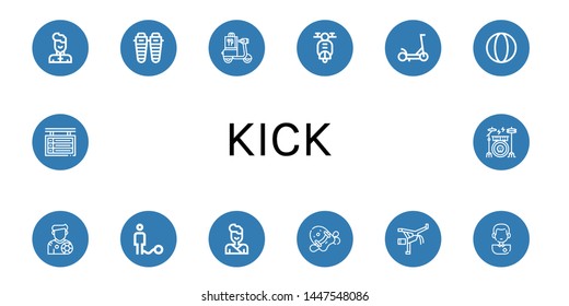 Set of kick icons such as Wushu, Shin, Scooter, Ball, Footballer, Judo, Pool kickboard, Capoeira, Soccer player, Scoreboard, Drum kit , kick