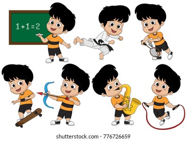 Set of kid activity, kid learning math in class,playing taekwondo ,playing badminton,playing skateboard,playing saxophone,playing bow,jumping with rope.vector and illustration.